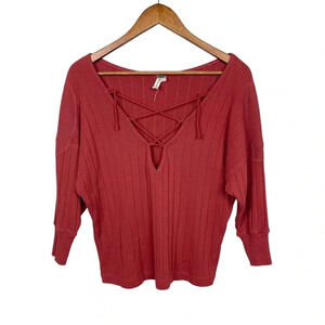 Free People Burnt Orange Ribbed Lace Up Top